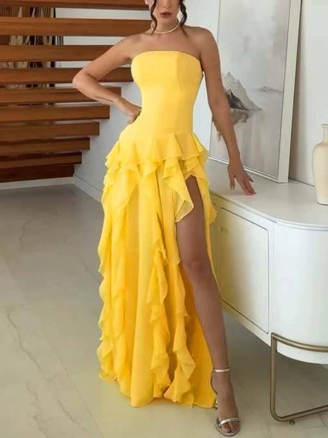 Aurohaya Tube Top Multi-layer Ruffled Side Slit Maxi Dress