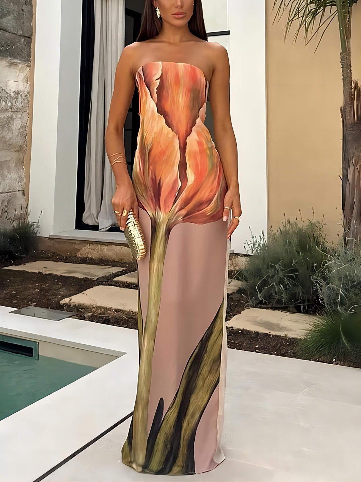 Aurohaya Stylish Graffiti Print Sleeveless Off-Shoulder Maxi Dress Pink