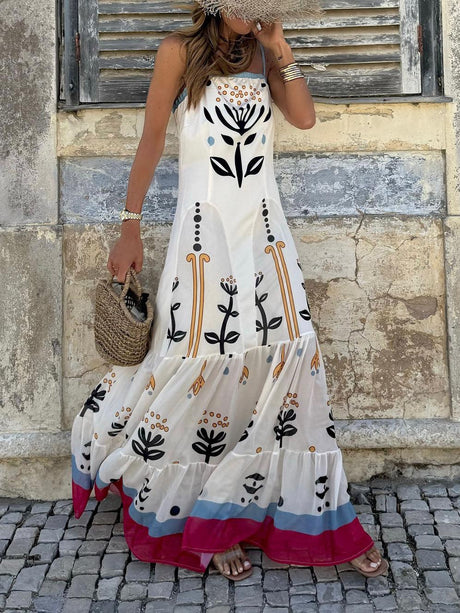 Aurohaya Fashion Personality Abstract Plant Print A-Line Maxi Dress White
