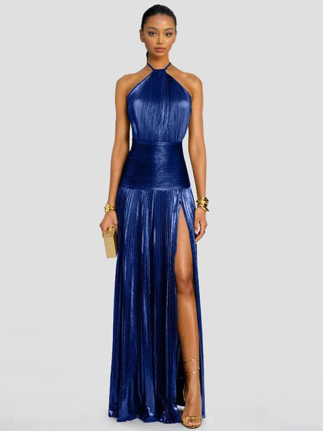 Aurohaya Elegant Metallic Pleated Halter Neck Maxi Dress Blue