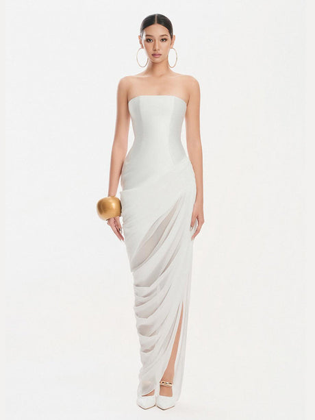Aurohaya Gaëlle Strapless Satin Maxi Dress White