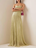 Aurohaya Elegant Wrap-Breasted Pleated Maxi Dress Green