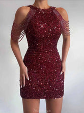 Aurohaya Elegant Crystal Chain Sequin Mini Dress Red