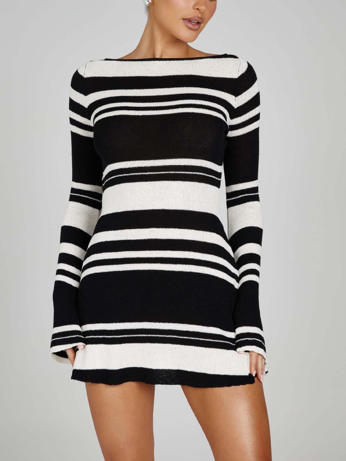 Aurohaya Elegant Open Back Striped Knitted Mini Dress Black