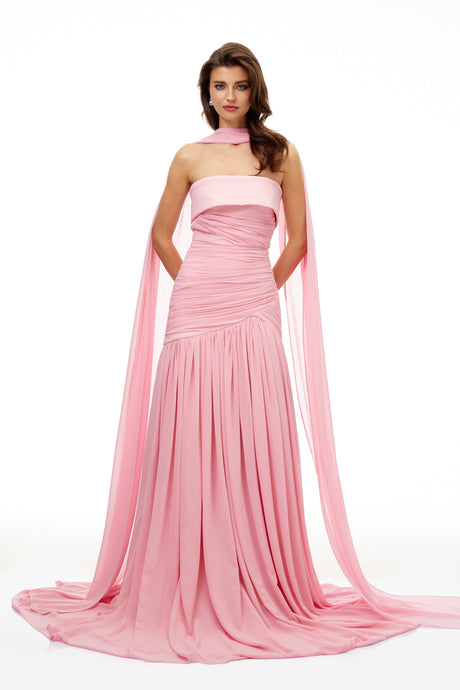 Aurohaya Laetitia Pink Pleated Train Ruched Maxi Dress