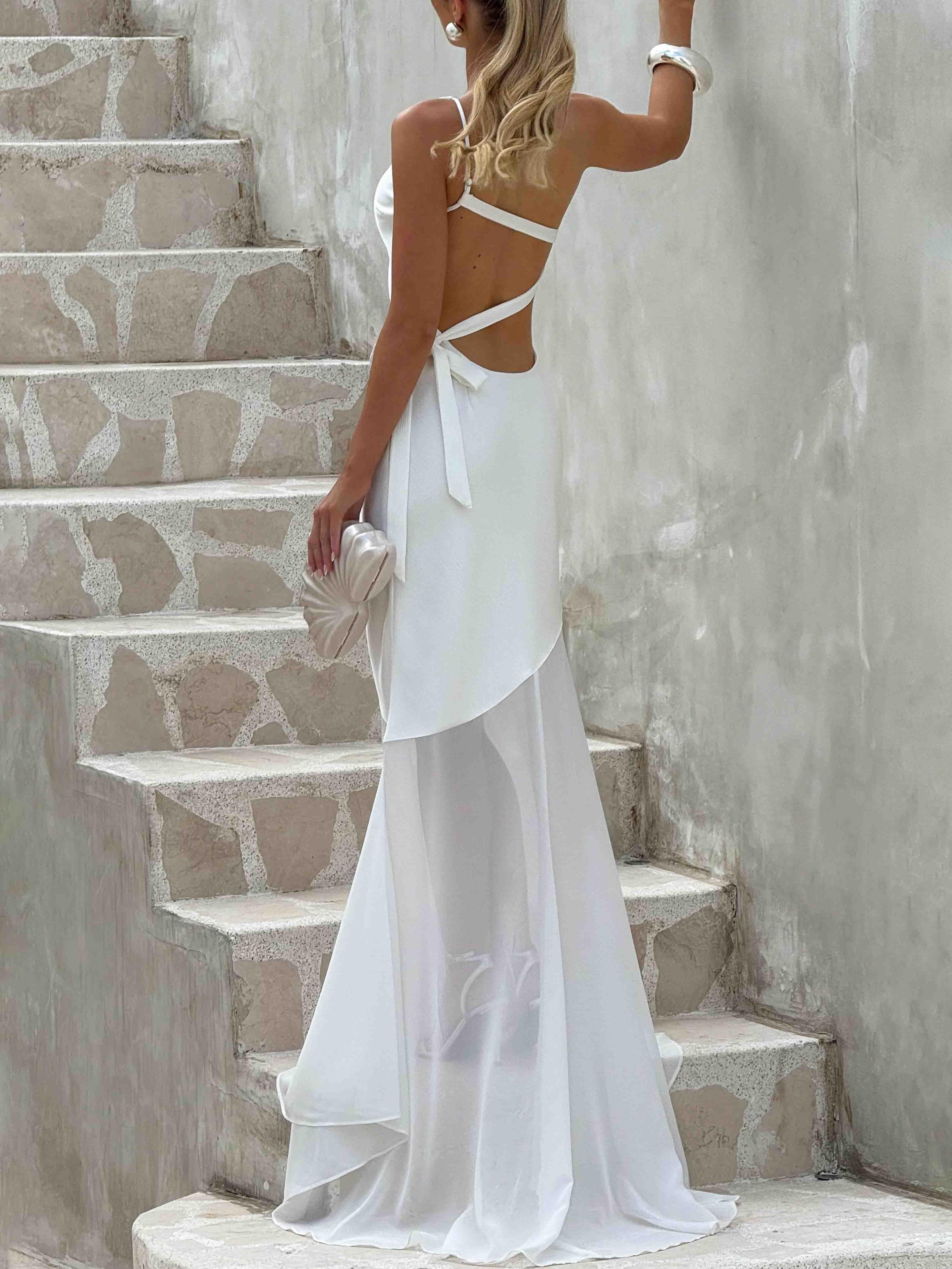 Aurohaya Elegant One Shoulder Sheer Hem Maxi Dress