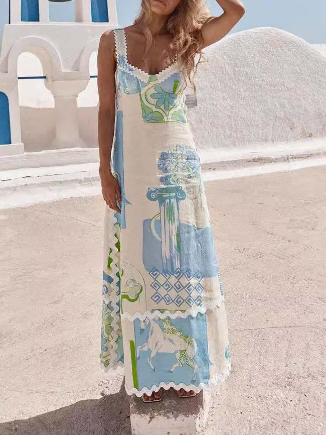 Aurohaya Unique Painted Print Open Back Bow Maxi Dress