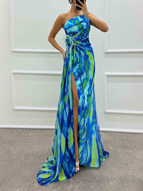 Aurohaya Elegant Painted Floral Print Feather Rose Maxi Dress