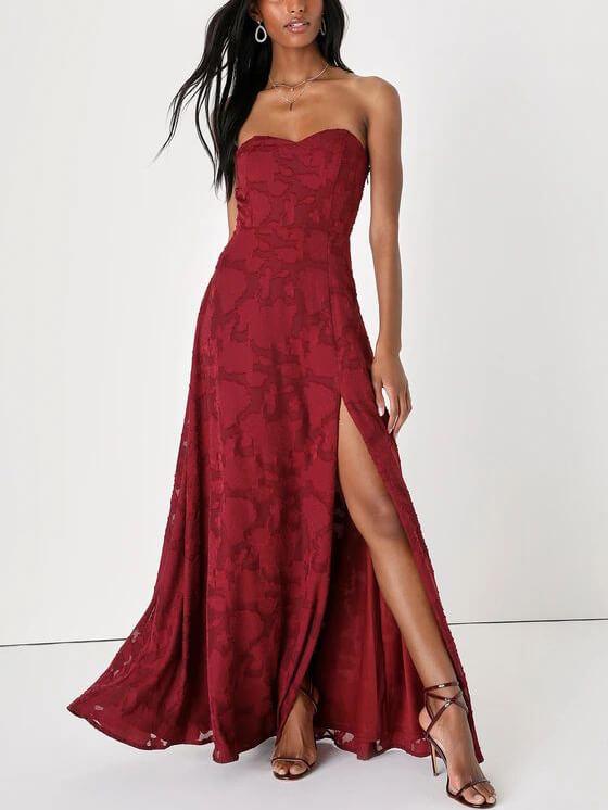 Aurohaya Evening Gown Strapless Slim Fit Slit Maxi Dress Red