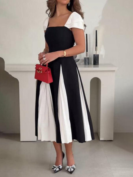 Aurohaya Elegant Contrast Pleated Panel Midi Dress