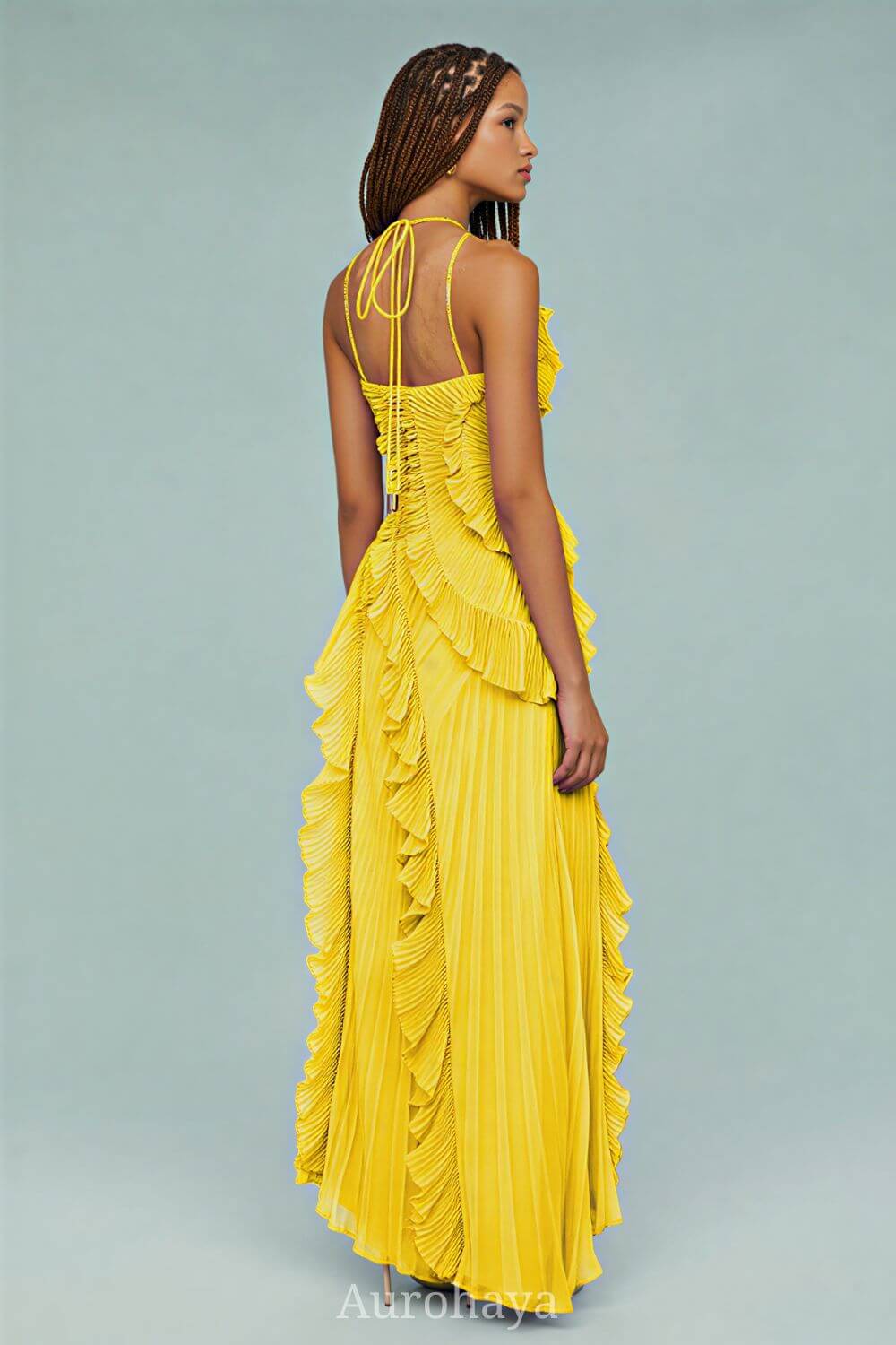 Aurohaya Véronique Ruffle Halter-Neck Pleated Maxi Dress