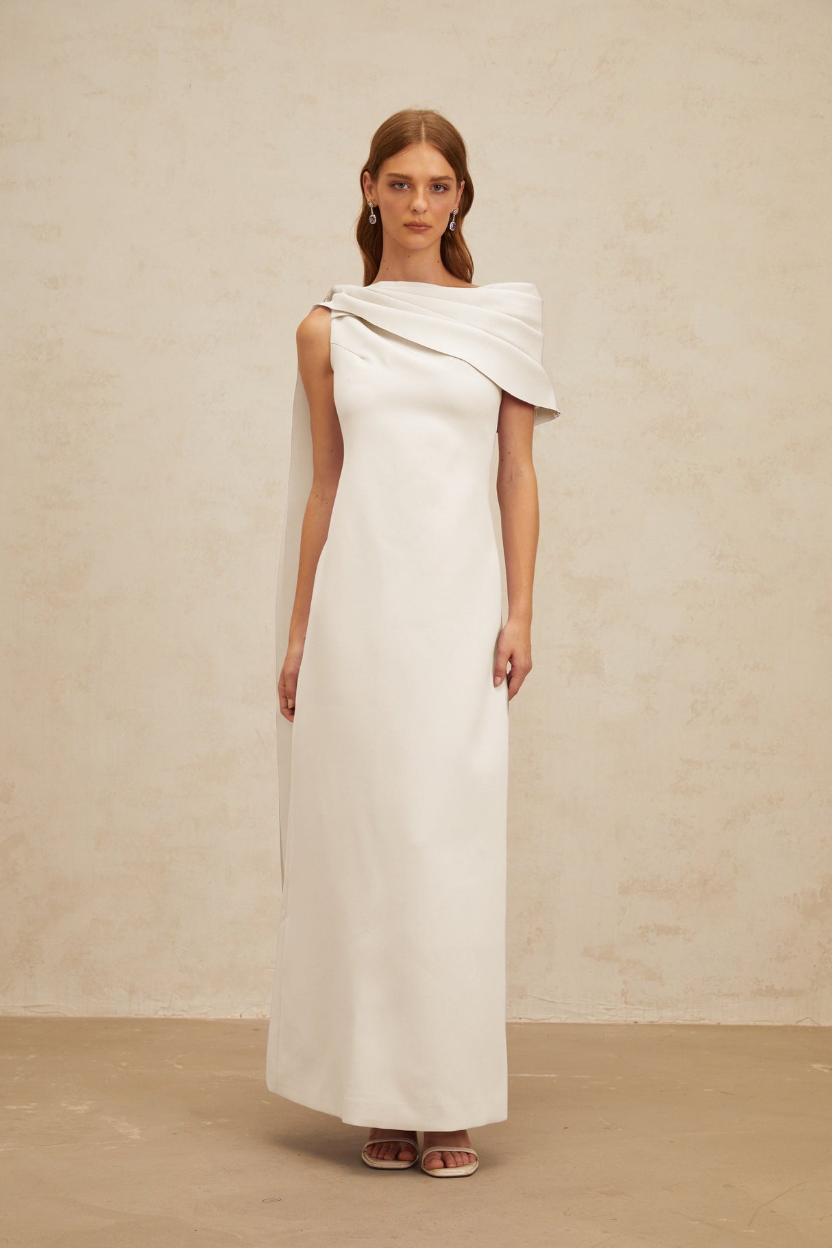 Aurohaya Annabelle White Cape-Design Ribbon Maxi Dress