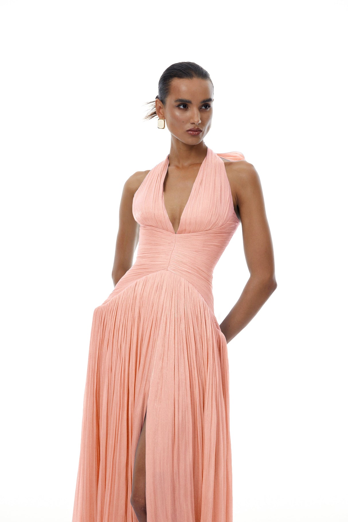 Aurohaya Térébenthine Pink Glossy Gathered Maxi Dress