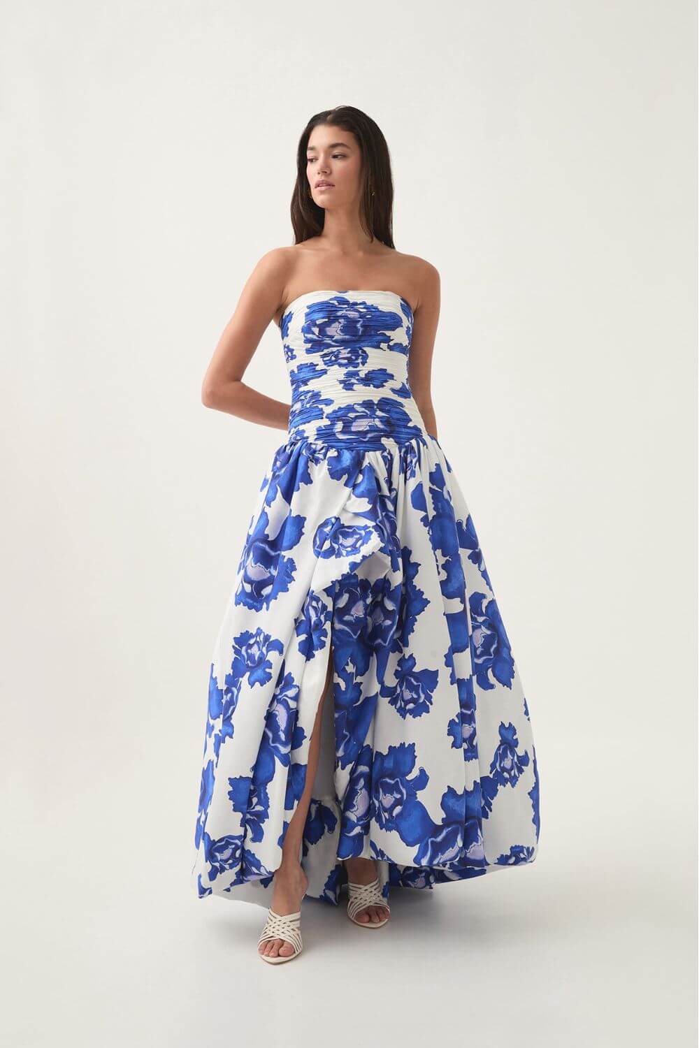 Aurohaya Jeanne Hydrangea Floral Strapless Maxi Dress Dark Blue