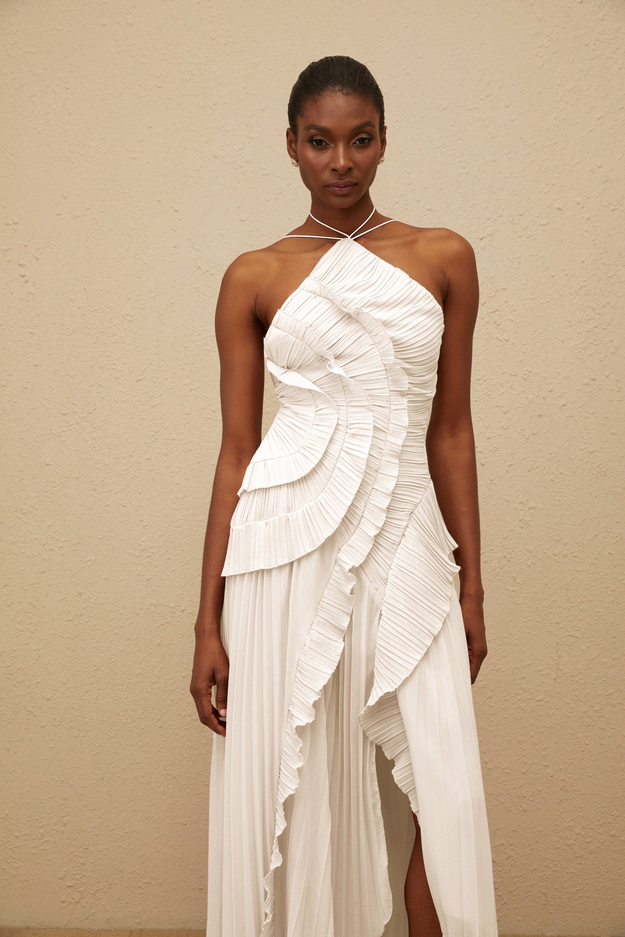 Aurohaya Doux White Ruffled Trim Pleated Midi Dress