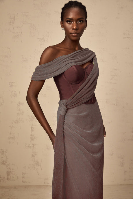 Aurohaya Delphine ribbon-design corset maxi dress in Brown