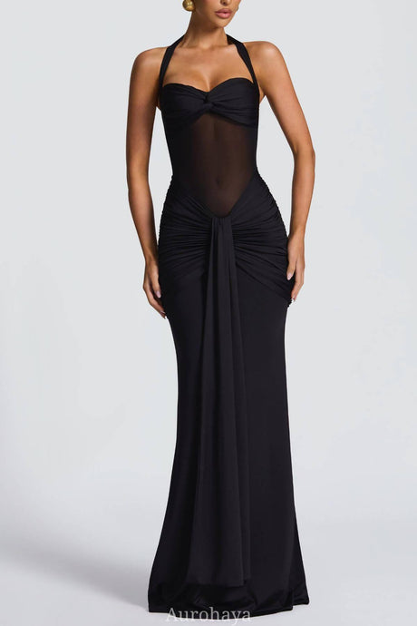 Aurohaya Sévara Halterneck Gathered Maxi Dress Black