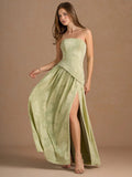 Elegant Strapless Slit Pleated Maxi Dress