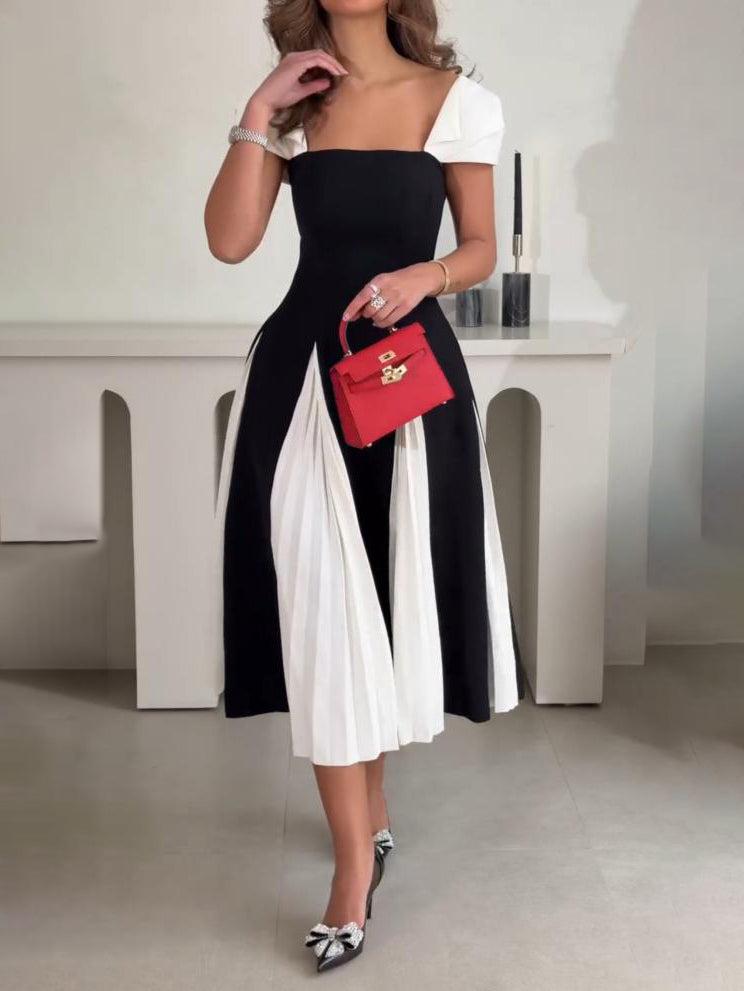 Aurohaya Elegant Contrast Pleated Panel Midi Dress