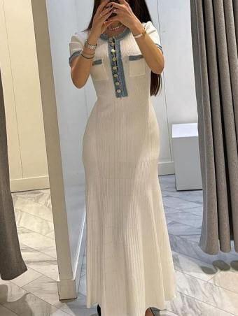 Aurohaya Fashion Denim Patchwork Knitted Tight Maxi Dress