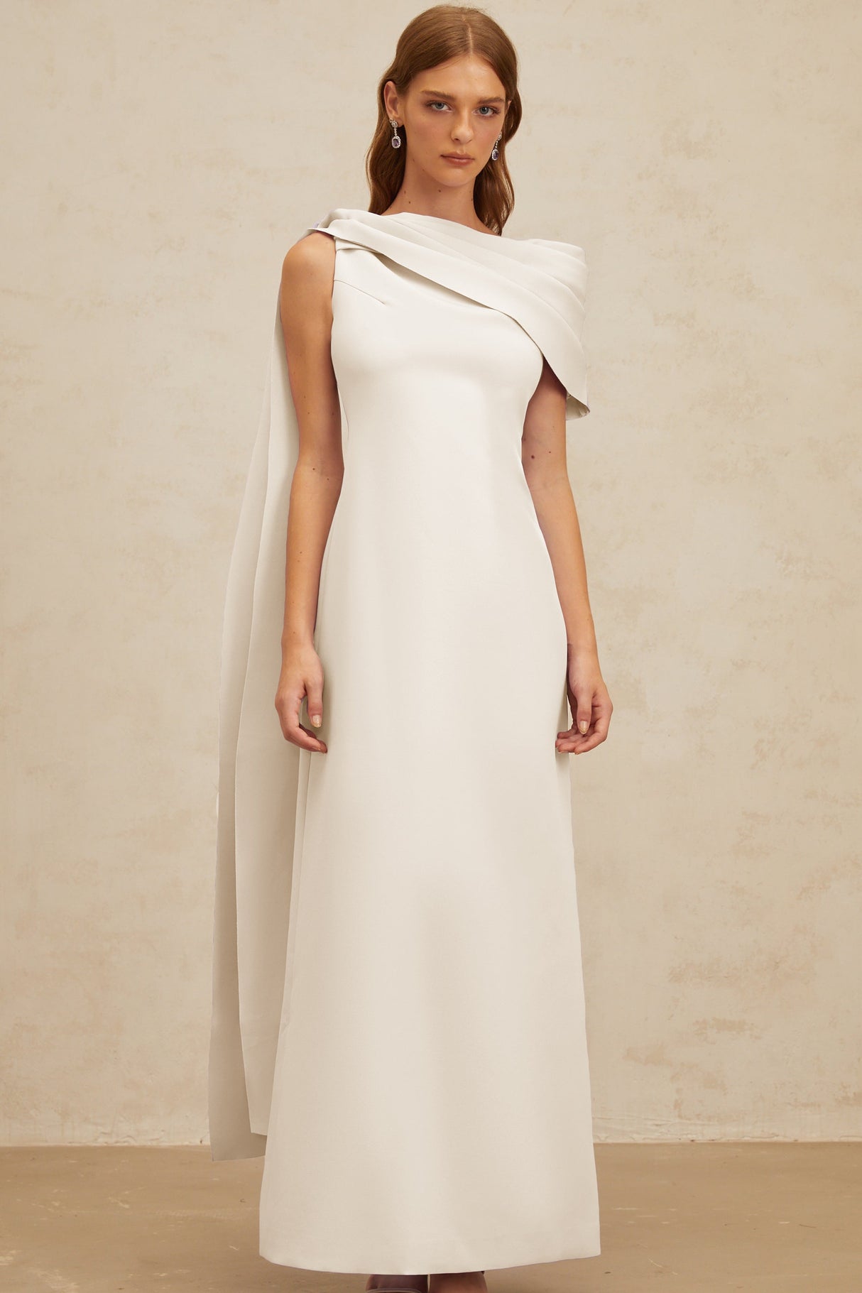 Aurohaya Annabelle White Cape-Design Ribbon Maxi Dress