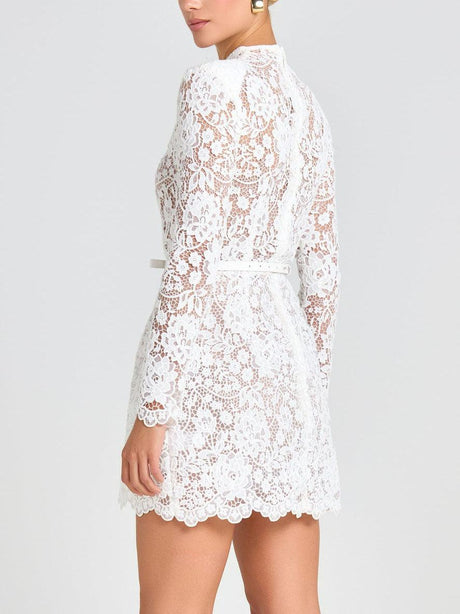 Aurohaya Elegant Floral Lace Long Sleeve Cutout Mini Dress