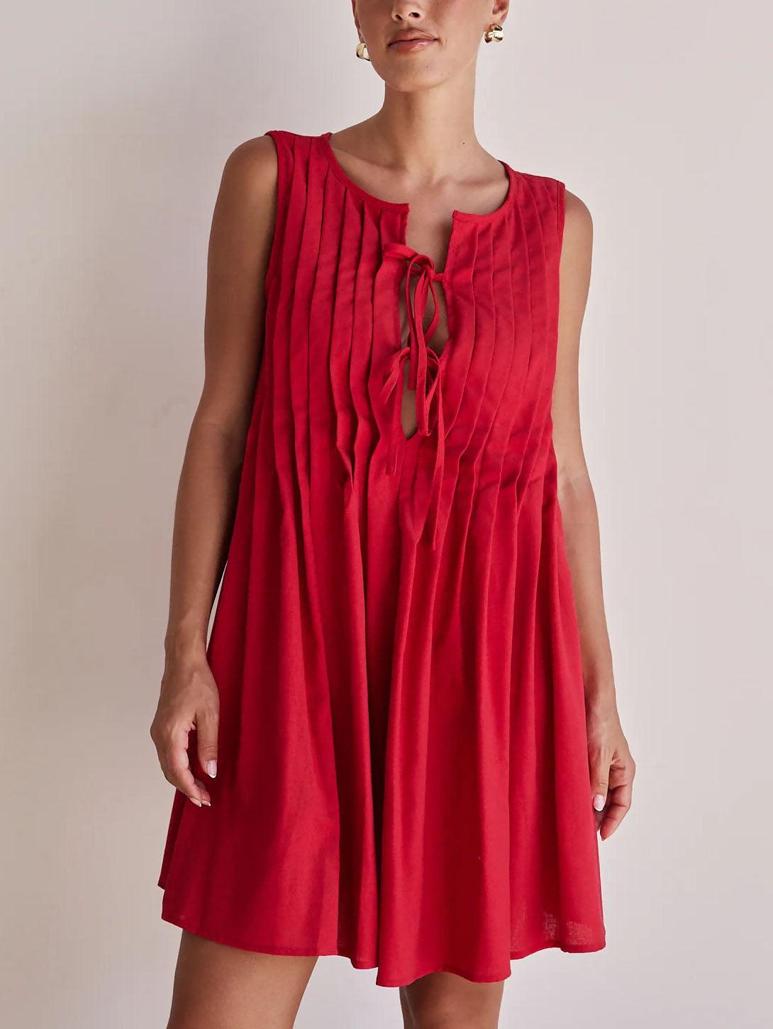 Aurohaya Casual V-neck Tie-strap Sleeveless Mini Dress Red