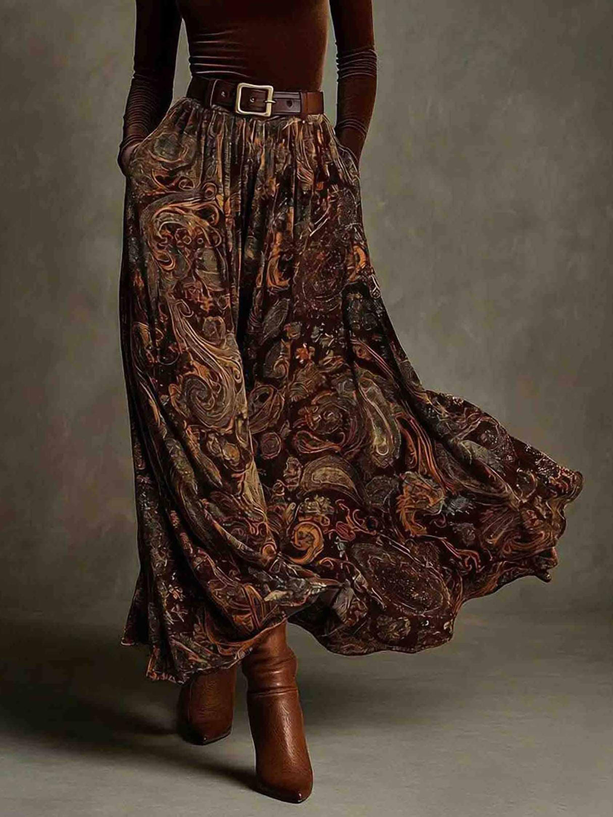 Aurohaya Retro Stretch Velvet Top And Paisley Print Maxi Skirt Set Brown Skirt