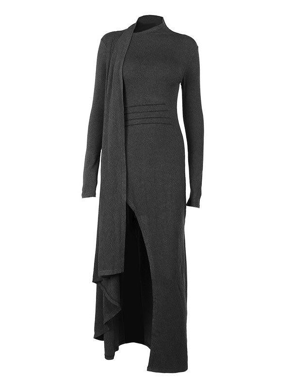 Aurohaya Unique knitted long sleeve sexy slit slim Maxi Dress