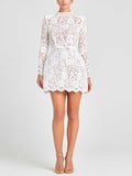 Aurohaya Elegant Floral Lace Long Sleeve Cutout Mini Dress