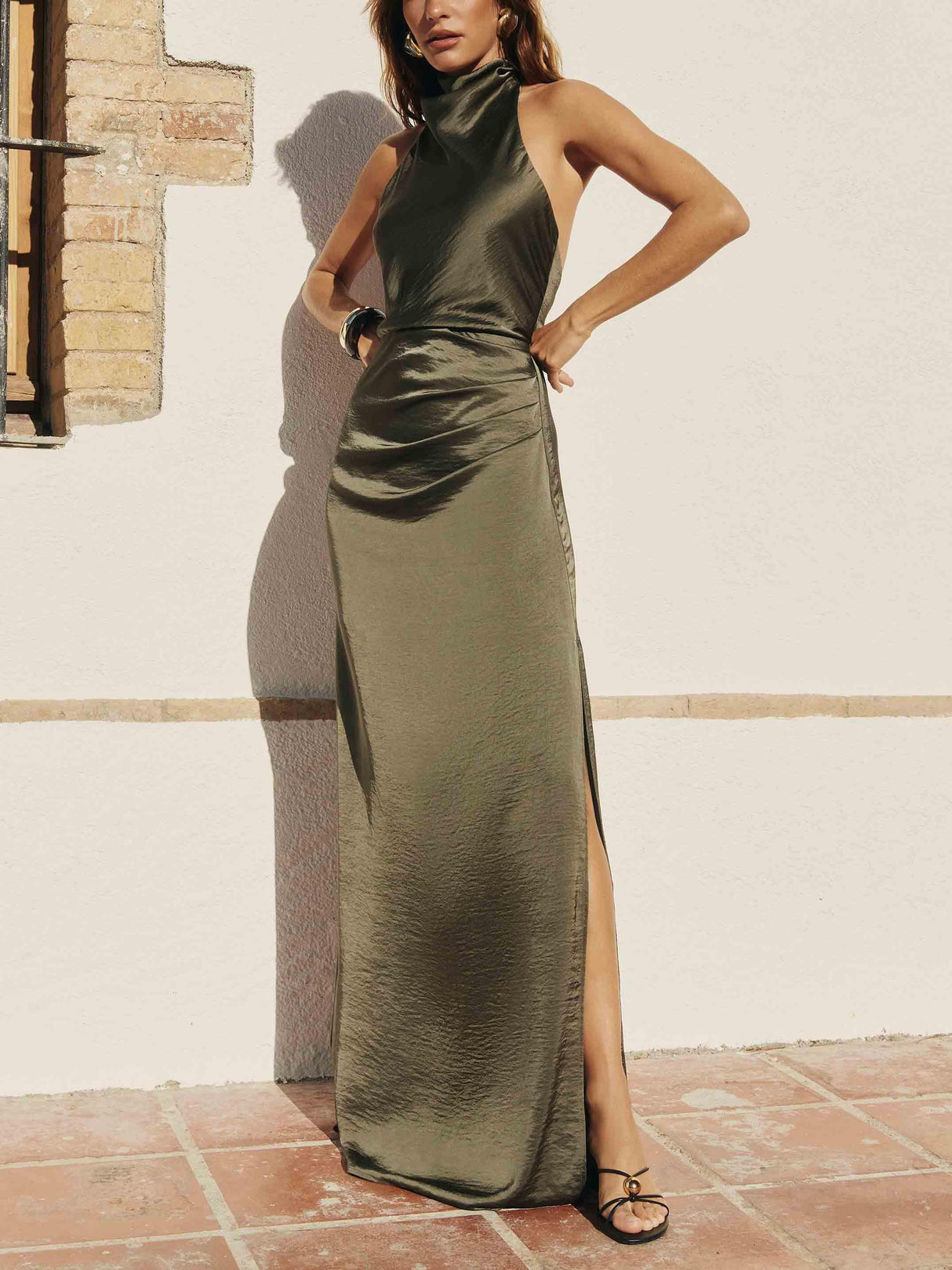 Aurohaya Elegant Holders Corner Satin Pleated Maxi Dress Dark Green