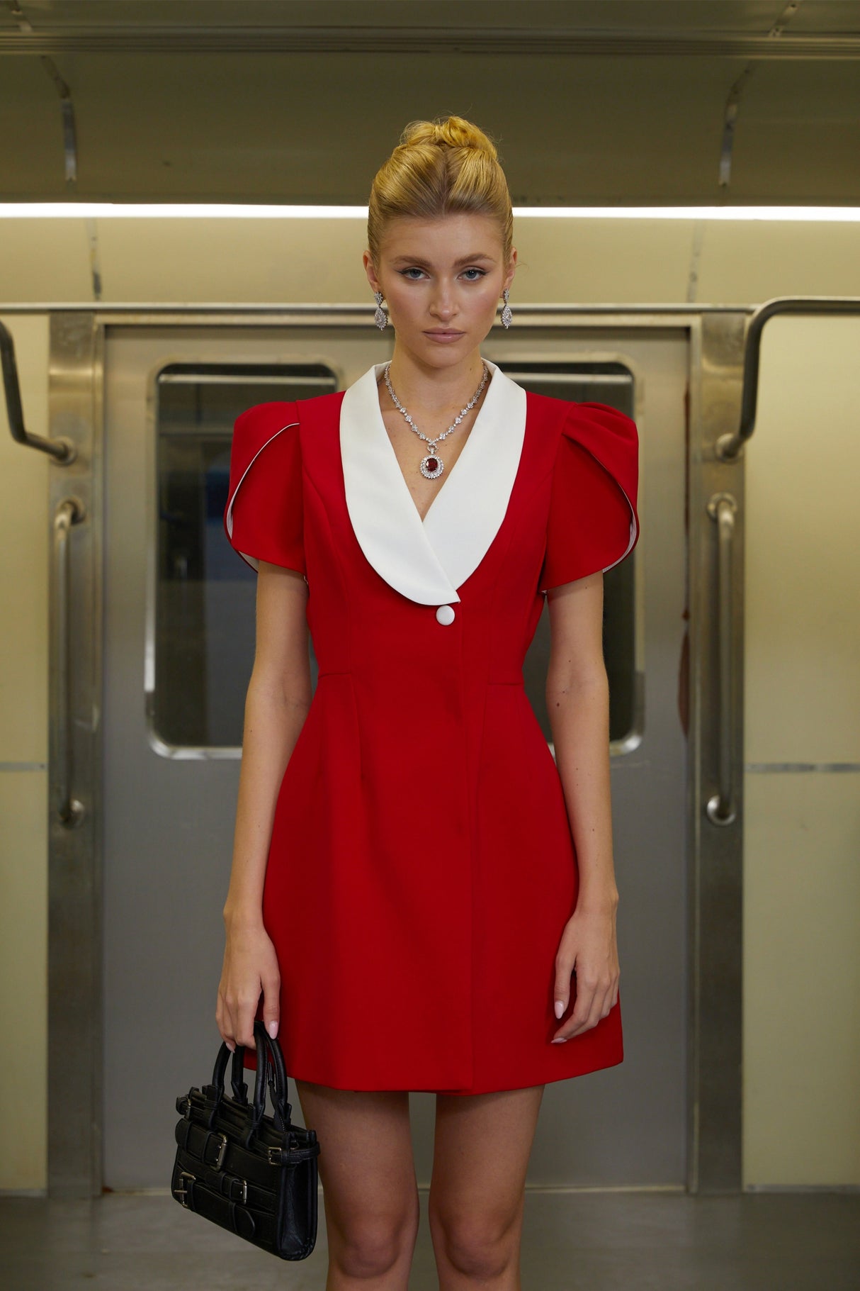 Aurohaya Acharya Red Shawl Lapel Mini Dress