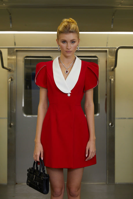 Aurohaya Acharya Red Shawl Lapel Mini Dress