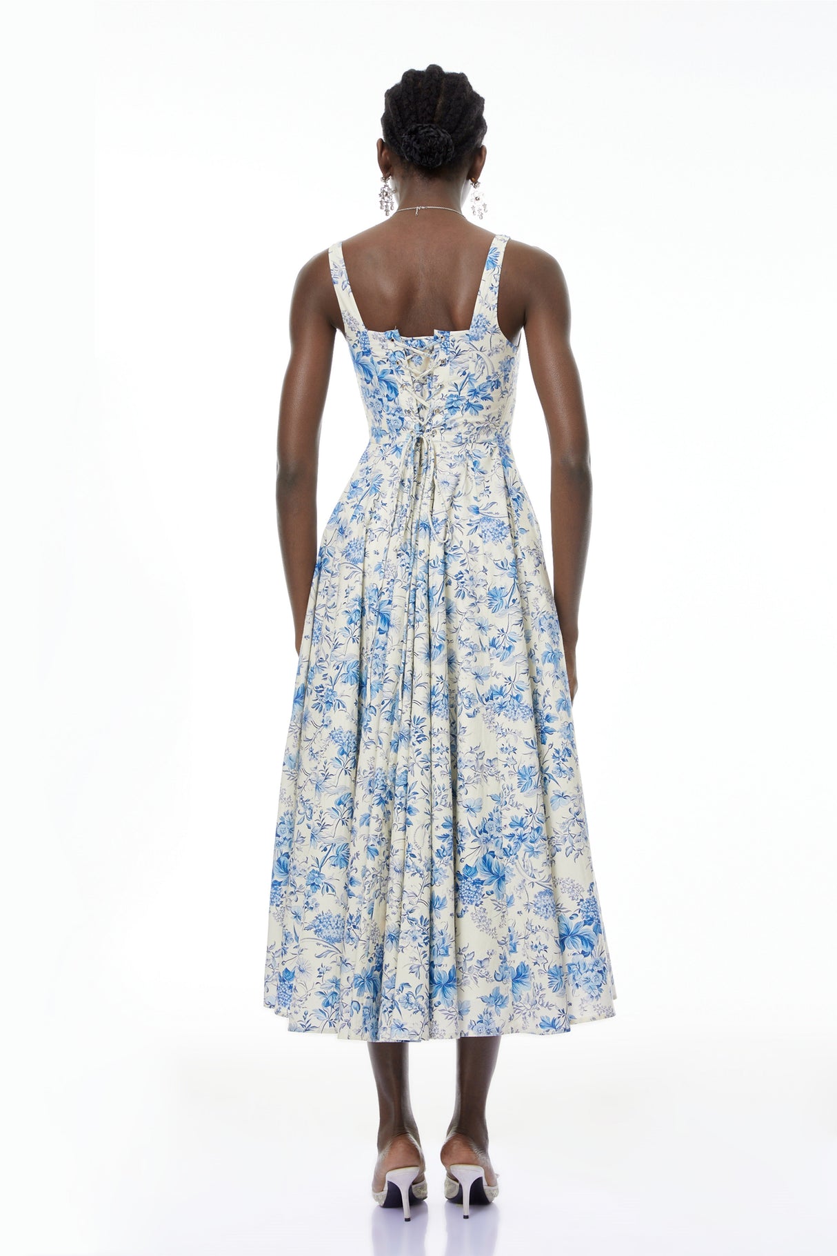 Aurohaya Adelheid Blue Floral Print Flared Midi Dress