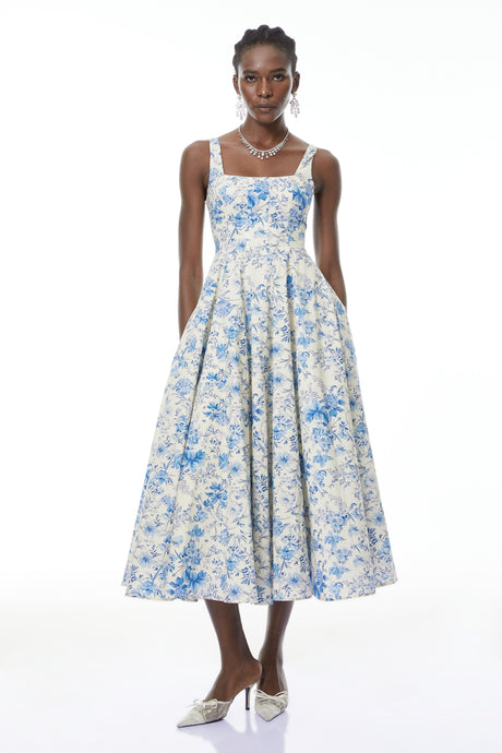 Aurohaya Adelheid Blue Floral Print Flared Midi Dress