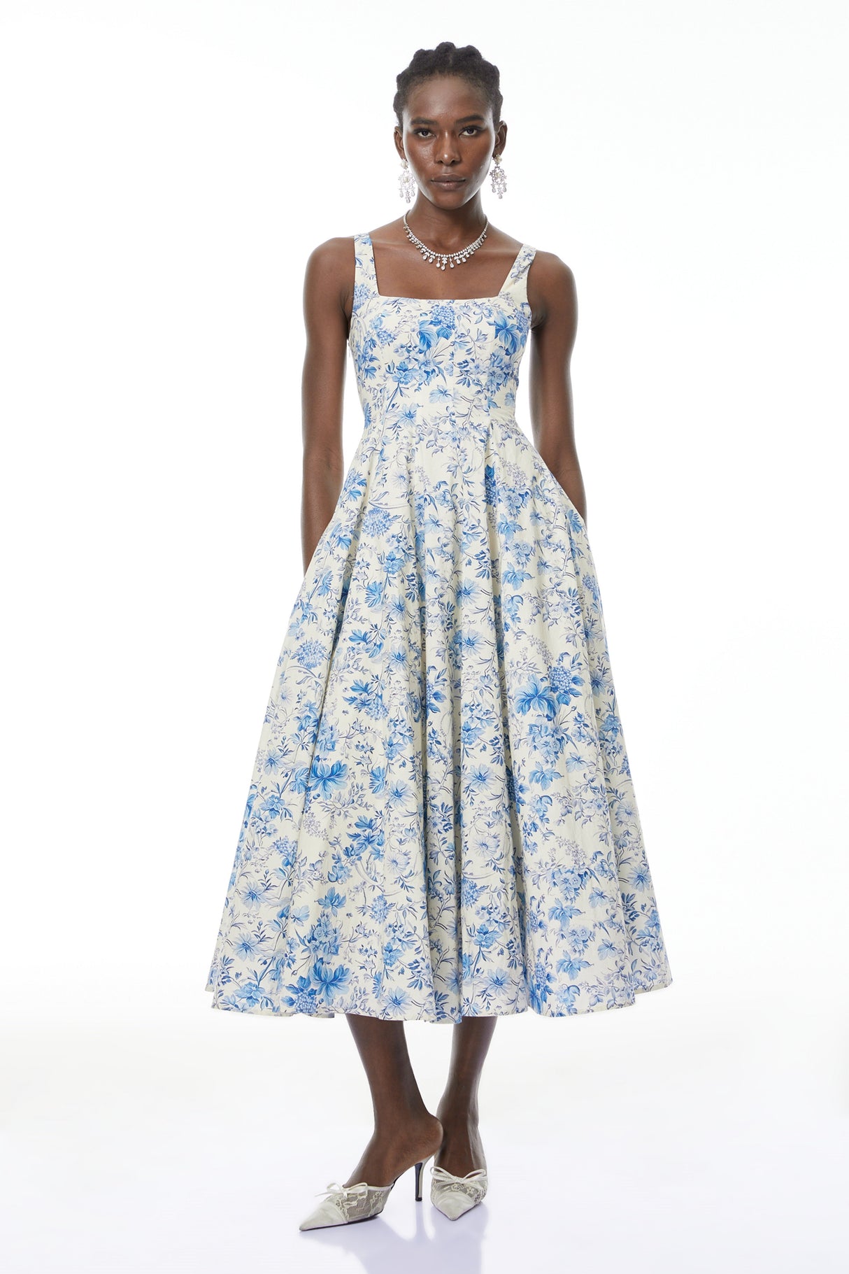 Aurohaya Adelheid Blue Floral Print Flared Midi Dress
