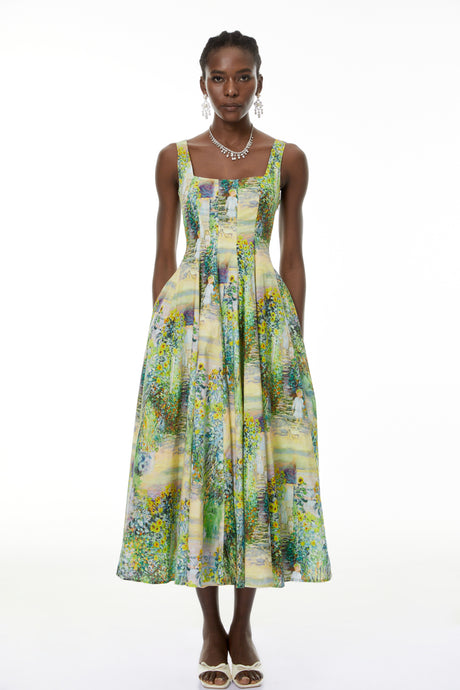 Aurohaya Adelheid Green Floral Print Flared Midi Dress