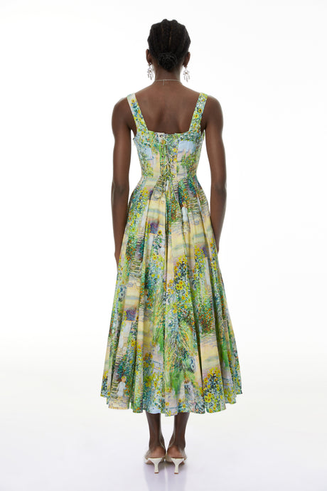 Aurohaya Adelheid Green Floral Print Flared Midi Dress