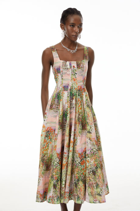 Aurohaya Adelheid Pink Floral Print Flared Midi Dress