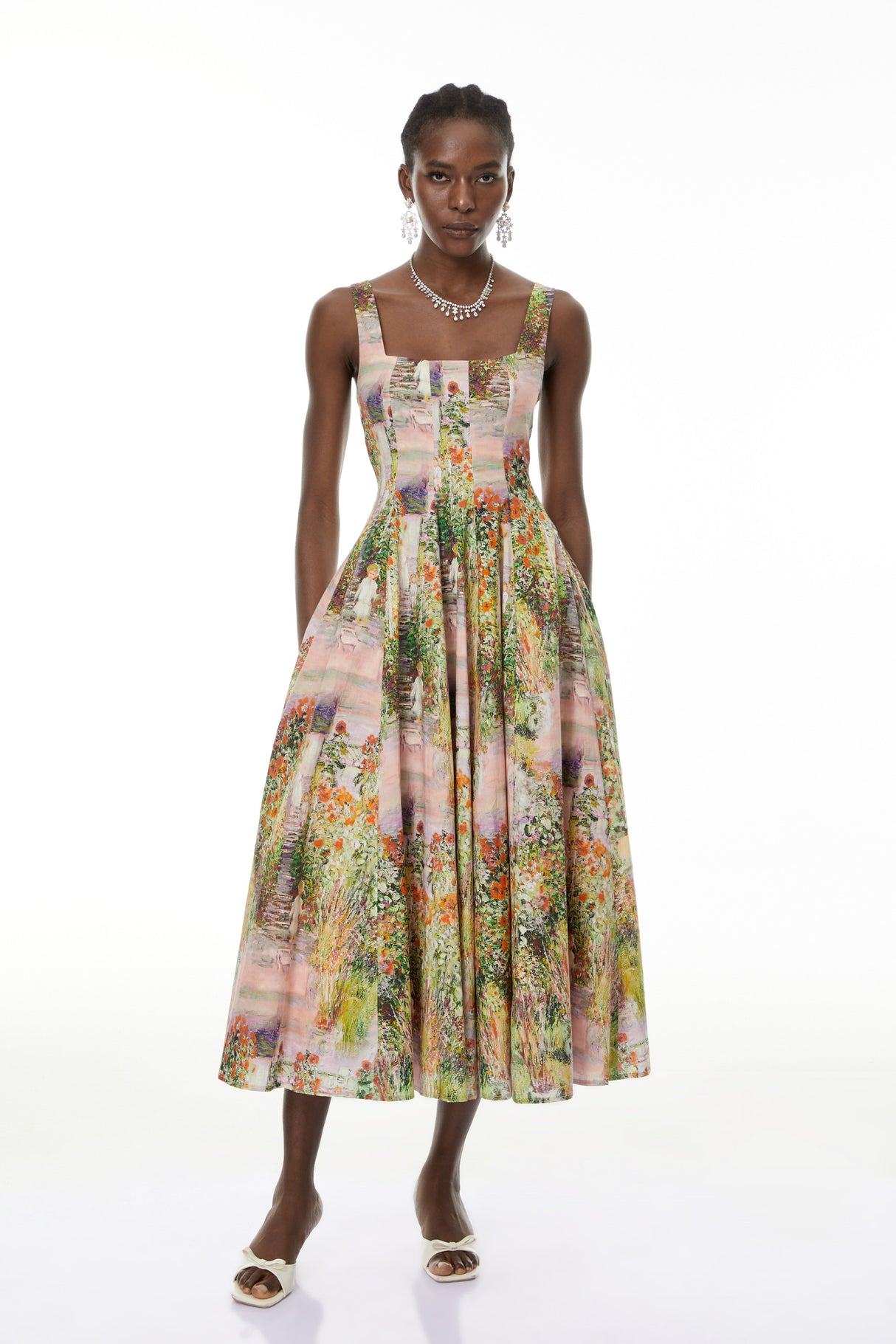 Aurohaya Adelheid Pink Floral Print Flared Midi Dress
