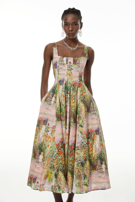 Aurohaya Adelheid Pink Floral Print Flared Midi Dress