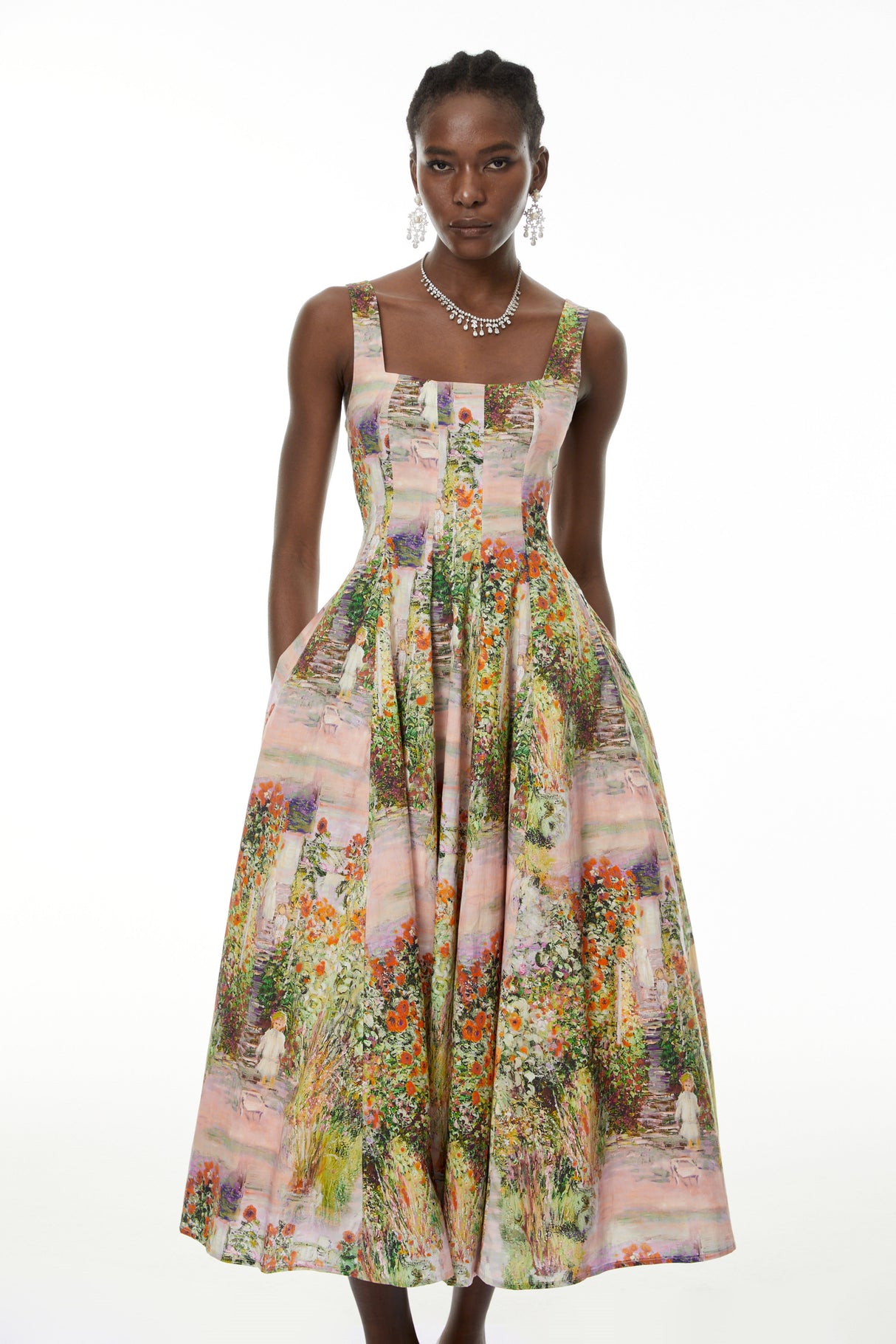 Aurohaya Adelheid Pink Floral Print Flared Midi Dress