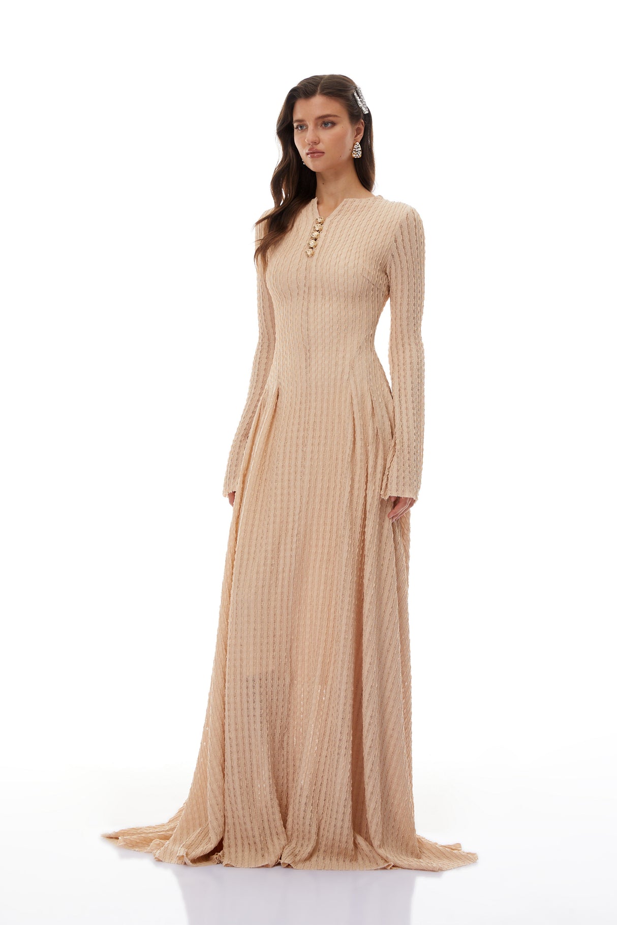 Aurohaya Adeline Beige Textured Jacquard Maxi Gown