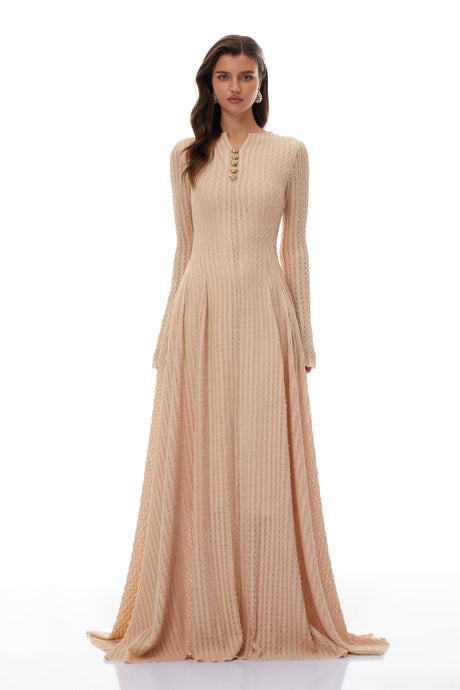 Aurohaya Adeline Beige Textured Jacquard Maxi Gown