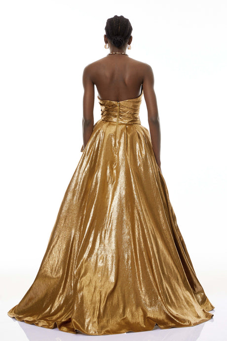 Aurohaya Adina Gold Glossy Asymmetrical Ruched Gown