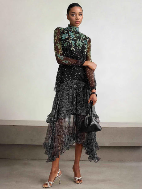 Aurohaya Exquisite Polka Dot Floral Print Ruffled Midi Dress Black