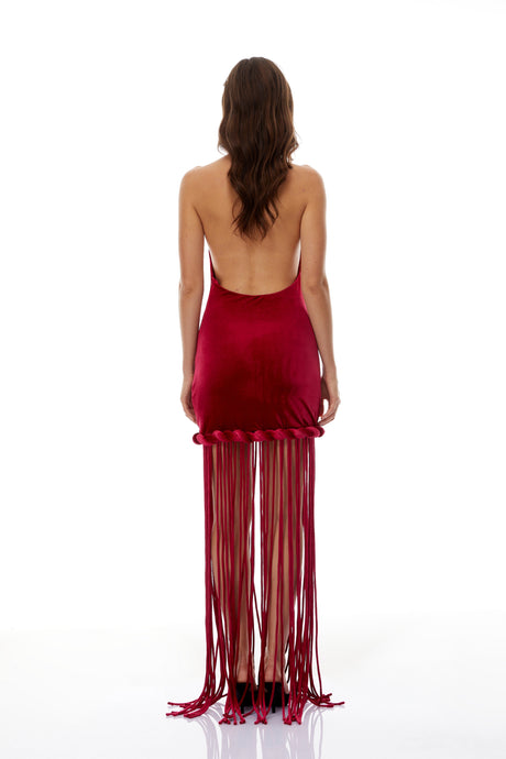 Aurohaya Aïda Red Halterneck Velvet Maxi Dress