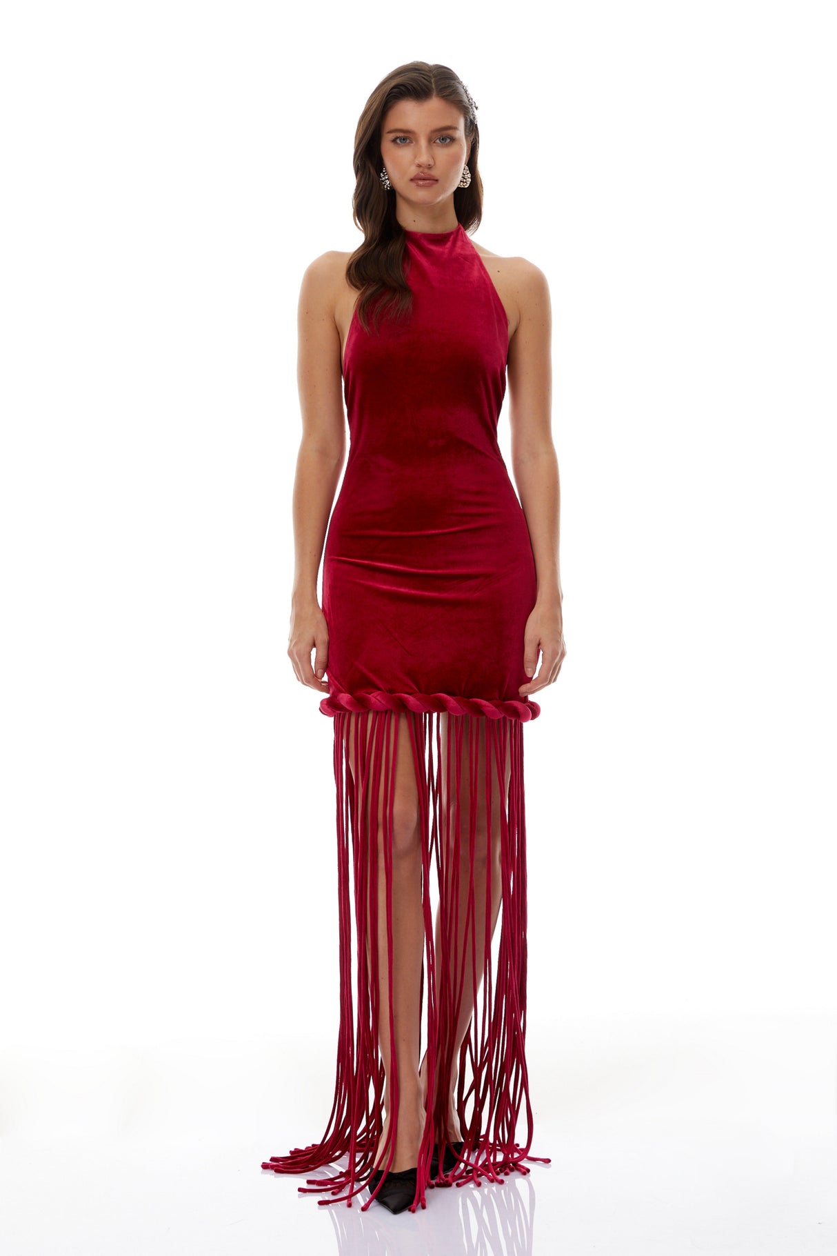 Aurohaya Aïda Red Halterneck Velvet Maxi Dress