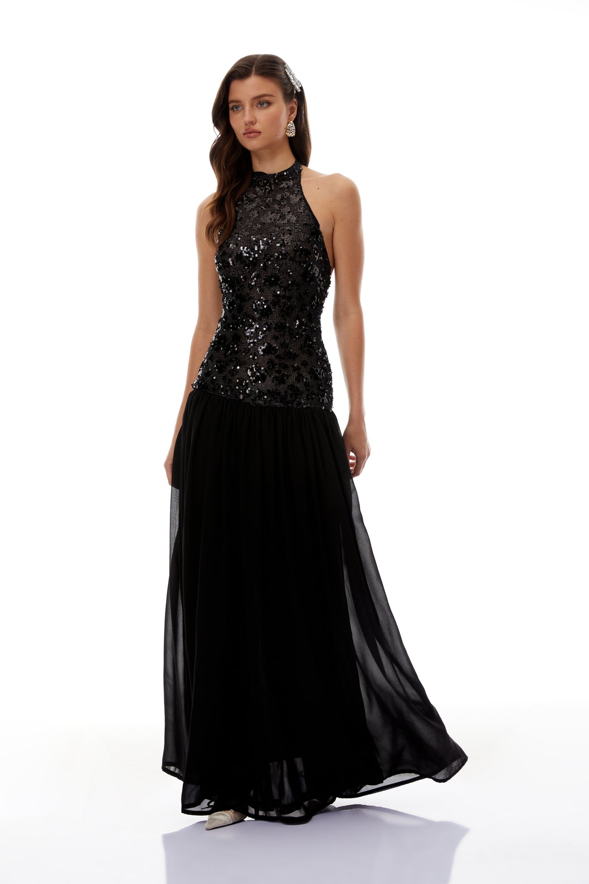 Aurohaya Ainoa Black Sequin Ruched Maxi Dress