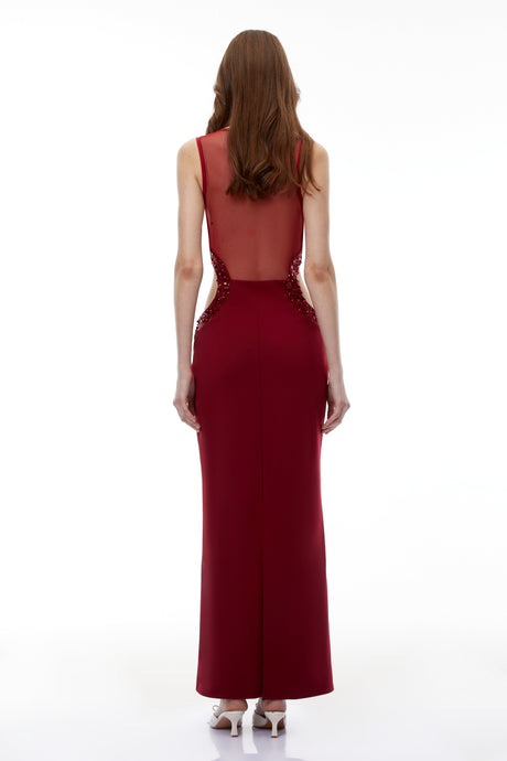 Aurohaya Aisha Red Embellished Cut-Out Maxi Dress